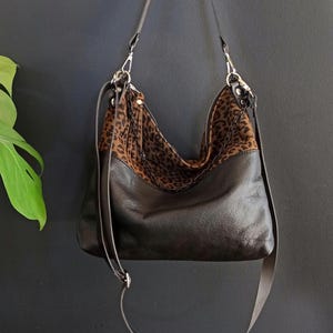Genuine Leather Hobo Tote Bag: Large Slouchy Leopard Crossbody Shoulder Purse