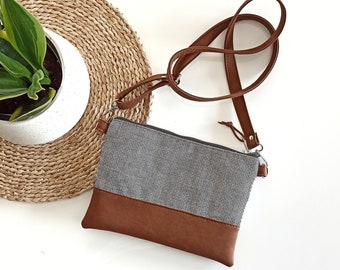 Small Gray & Brown Crossbody Bag: Vegan Leather Purse, Minimalist Casual Everyday Crossbody wallet