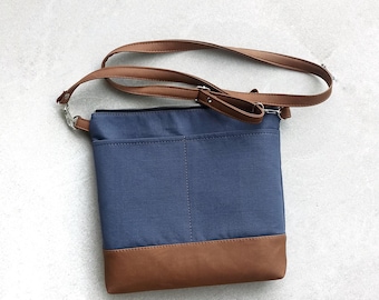 Blue Canvas & Vegan Leather Crossbody bag, Messenger purse with pockets