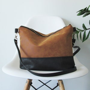 Camel Vegan Leather Crossbody Bag: Slouchy Hobo Style two-toned shoulder purse, Leather strap