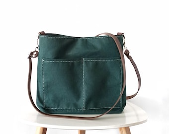 Medium Dark Green Canvas Crossbody Bag with Pockets, Shoulder Purse with Leather strap