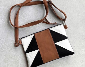 Geometric Crossbody Bag: Canvas & Vegan Leather Purse, Black and White Scandinavian Shoulder Minimalist Handbag