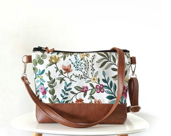 Floral Canvas Crossbody Bag: Vegan Leather Shoulder Purse