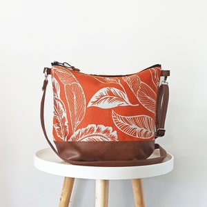 Large canvas and vegan leather crossbody bag, Burnt orange color, Leaf print , Crossbody purse, Shoulder bag with long strap, Casual handbag