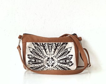 Crossbody bag, Medium size crossbody purse, Canvas and vegan leather bag, Everyday purse, Shoulder bag, Brown, Flower design