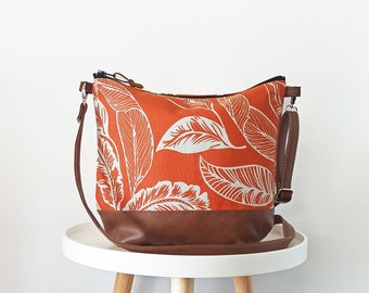 Large canvas and vegan leather crossbody bag, Burnt orange color, Leaf print , Crossbody purse, Shoulder bag with long strap, Casual handbag