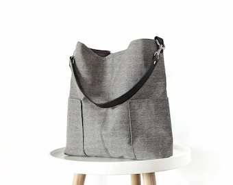 Large hobo bag, Gray hobo purse, Canvas bucket bag, Shoulder bag, Minimalist, Casual handbag, Gift