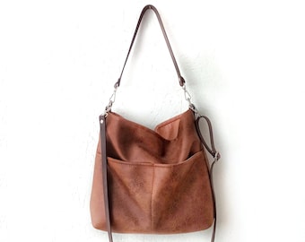 Große Hobo-Tasche aus Leder, Umhängetasche, große Umhängetasche, Umhängetasche, Cognacbraun, Distressed-Look, braune Ledertasche, lässige Handtasche