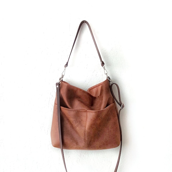 Borsa hobo grande in pelle, borsa a tracolla, borsa a tracolla grande, borsa a tracolla, marrone cognac, aspetto invecchiato, borsa in pelle marrone, borsa casual