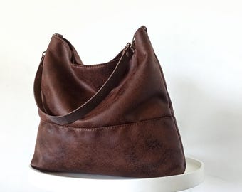 Vegan Leather Hobo Bag, Large Slouchy Tote, Chocolate Brown Shoulder Purse with Leather Strap