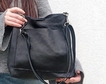 Medium Black Leather Hobo Crossbody Bag, Everyday Shoulder Hobo Purse