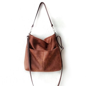 Large Vegan Leather Hobo Bag, Cognac Brown Shoulder Purse with Pockets & Leather Crossbody Strap