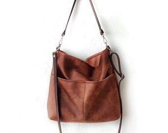 Large Vegan Leather Hobo Bag, Cognac Brown Shoulder Purse with Pockets & Leather Crossbody Strap