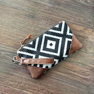 Porte-monnaie, porte-monnaie, pochette, bracelet en cuir végétalien, imprimé tribal kilim, porte-monnaie pour smartphone, portefeuille de poignet décontracté