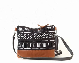 Canvas and leather crossbody bag, Mudcloth print, Crossbody purse, Tribal print boho bag