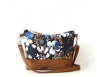 Floral crossbody vegan bag, Small Crossbody purse, Shoulder bag, Vegan leather bag, Midnight blue, Flower print, Summer purse