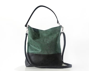 Forest Green Vegan Leather Hobo Bag: Shoulder Tote with leather handles, Large bucket bag