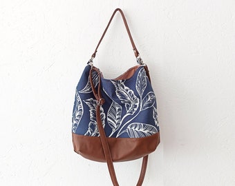 Hobo style crossbody bag, Canvas and Vegan Leather bag, Botanical print, Crossbody purse, Hobo purse, Shoulder bag,