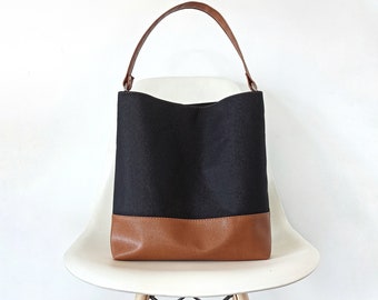 Sac hobo, sac hobo en cuir végétalien en toile, sac seau, sac à main à bandoulière, minimaliste, fourre-tout de style hobo, grand sac hobo, deux tons