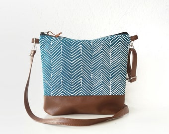 Large crossbody bag, Crossbody purse Teal blue, Geometric print, Canvas and vegan leather bag, Everyday Purse, Shoulder bag, Boho bag