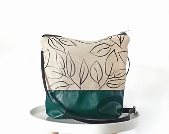 Grand sac à bandoulière hobo, sac à main en toile et cuir végétalien, sac à bandoulière hobo, vert forêt, sac à main décontracté à bandoulière, sac à main pour femme