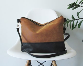 Camel Vegan Leather Crossbody Bag: Slouchy Hobo Style two-toned shoulder purse, Leather strap