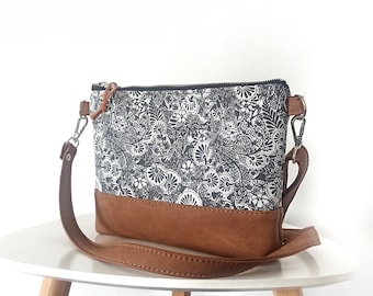 Gray floral print crossbody bag, Small crossbody purse, Vegan leather bag, Shoulder purse, Flroal bag, Spring summer bag