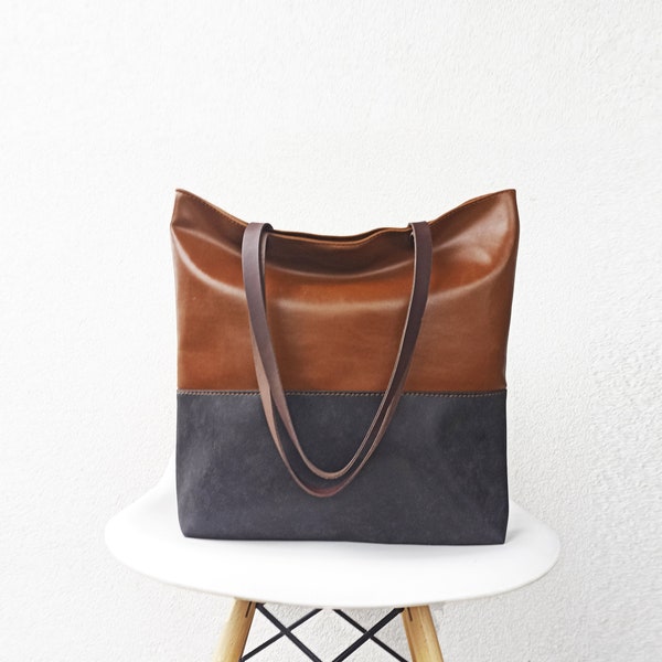 Large leather tote bag, Two tone bag, Vegan Leather tote bag, Shopper bag, carry all tote bag, Shoulder bag