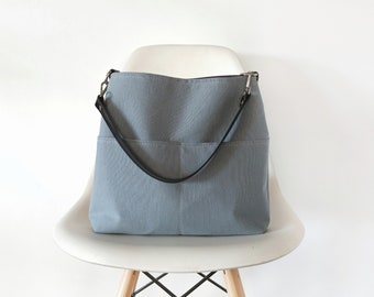 Canvas light weight hobo bag in blue-grey, Casual hobo shoulder bag with pockets, Minimalist hobo purse, Medium size, Leather strap
