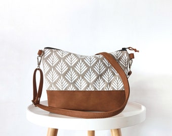 Crossbody bag, Crossbody purse, medium size crossbody bag, Canvas and vegan leather, Everyday bag, Boho bag, Gray and brown bag