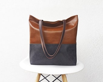 Large leather tote bag, Two tone bag, Vegan Leather tote bag, Shopper bag, carry all tote bag, Shoulder bag