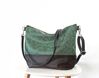 Emerald Green Large Vegan Leather Crossbody Bag: Everyday Hobo Purse with leather strap