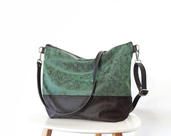 Large crossbody leather bag, Forest green crossbody purse, Everyday bag, Gift for her, two tone color block bag