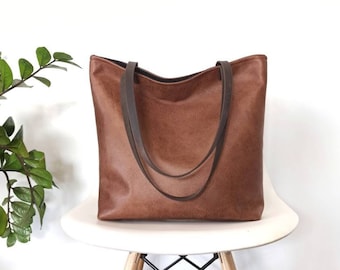 Cabas marron cognac, Grand cabas, Aspect vieilli, Rustique, Cabas décontracté, Cuir végétalien, Grand cabas en cuir, Sac à bandoulière, Porte-monnaie en cuir