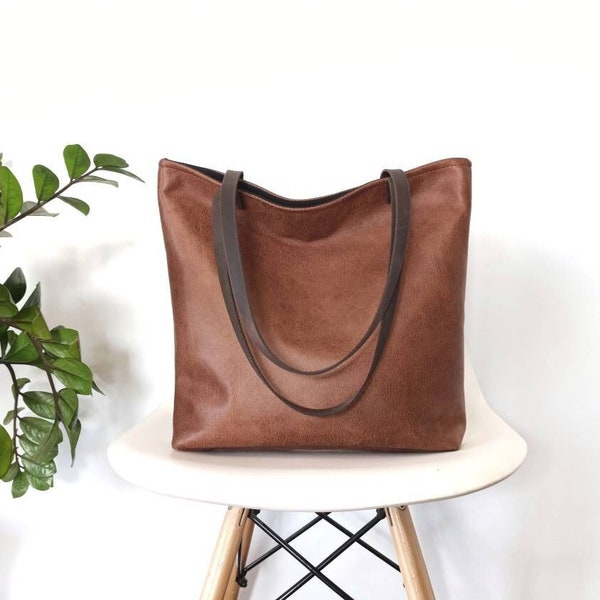 Cognac braun Tote Bag, Große Tasche, Distressed Look, Rustikal, Lässige Tasche, Vegan Leder, Große Leder Tasche, Schultertasche, Leder Geldbörse