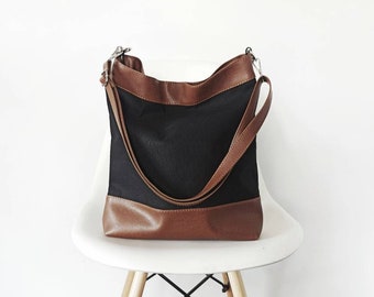 Large hobo crossbody bag, Shoulder bag, Crossbody bag, Crossbody purse,Canvas and Vegan leather, Black and brown, Large hobo bag, Handbag