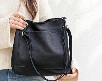 Medium Black Leather Hobo Crossbody Bag, Everyday Shoulder Hobo Purse