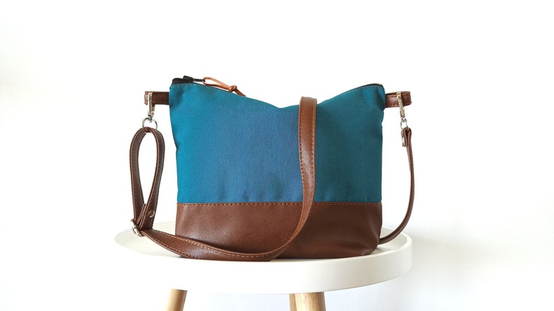 Geometric print crossbody purse, Teal blue bag, Canvas and vegan leather bag, Everyday Purse, Gift , Shoulder bag image 4