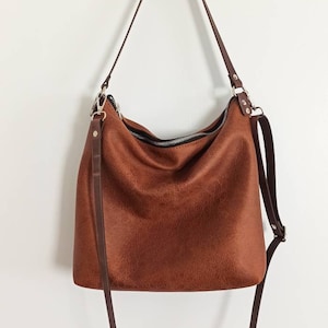 Grand sac hobo en cuir, sac hobo, sac hobo, marron cognac, effet vieilli, sac en cuir marron, sac hobo, sac seau image 5