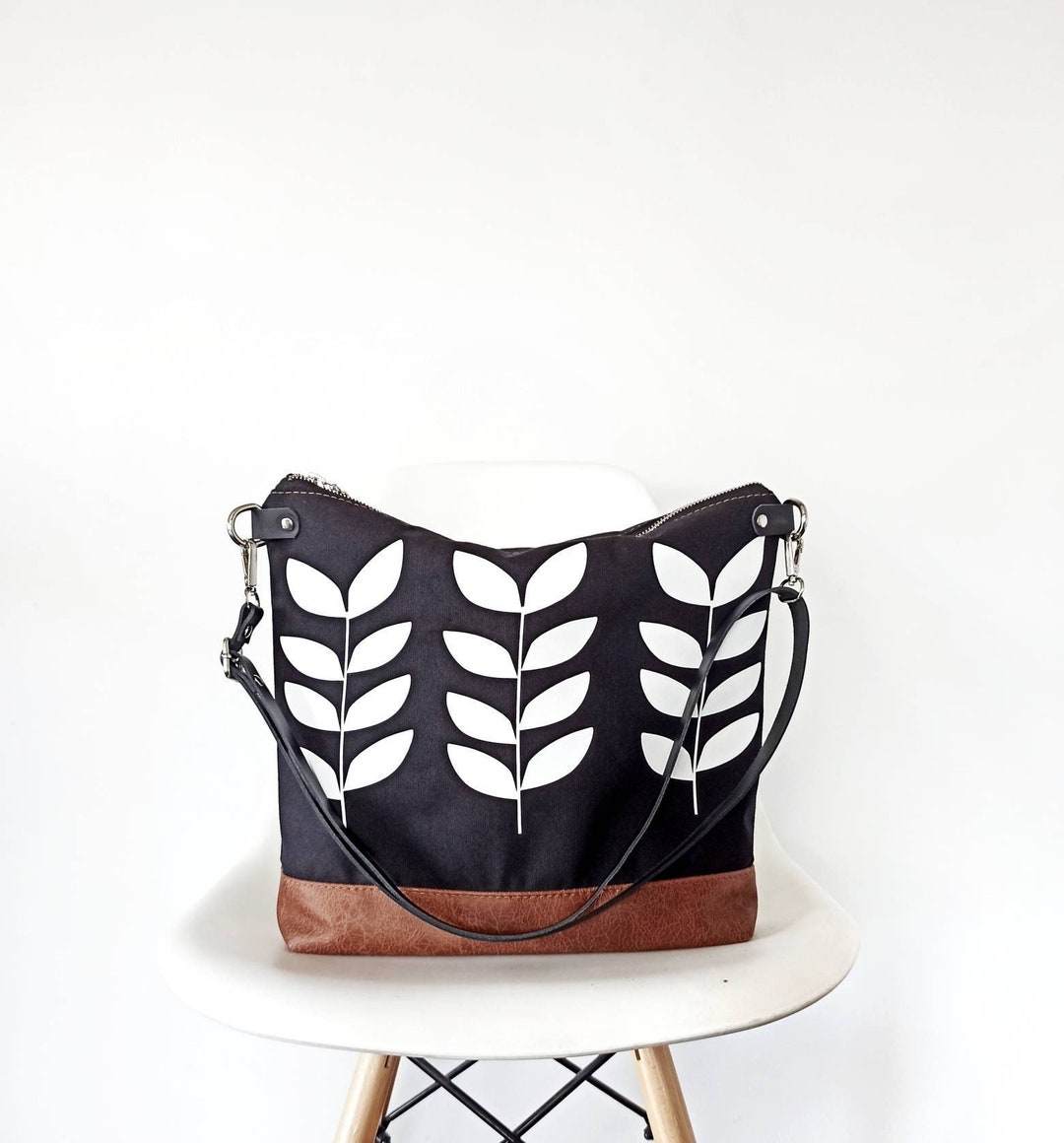 Large Crossbody Hobo Purse, Canvas and Leather Bag, Crossbody Bag, Leaf Print, Black Purse, Hobo