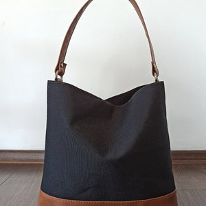 Sac hobo, sac hobo en cuir végétalien en toile, sac seau, sac à main à bandoulière, minimaliste, fourre-tout de style hobo, grand sac hobo, deux tons image 3