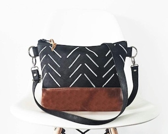 Geometric Print Crossbody Bag, Vegan Leather Small Shoulder Purse, Black & Brown Boho bag