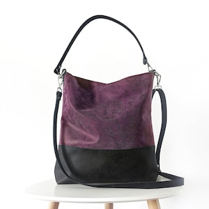 Deep Purple Vegan Leather hobo purse: Large Tote Bucket Bag with crossbody strap