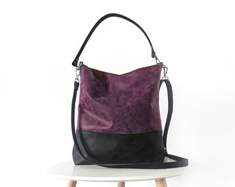 Deep Purple Vegan Leather hobo purse: Large Tote Bucket Bag with crossbody strap