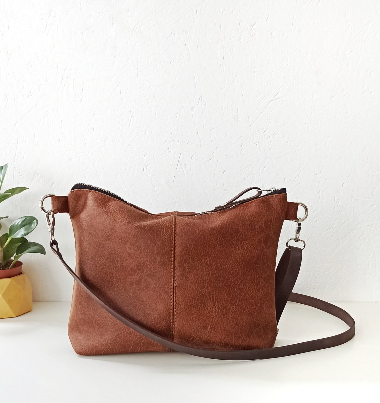 Brown Crossbody Bag Vegan Leather Crossbody Purse Cognac Etsy