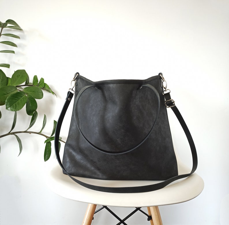 Large Black Vegan Leather Tote Crossbody Purse Tote Bag Etsy