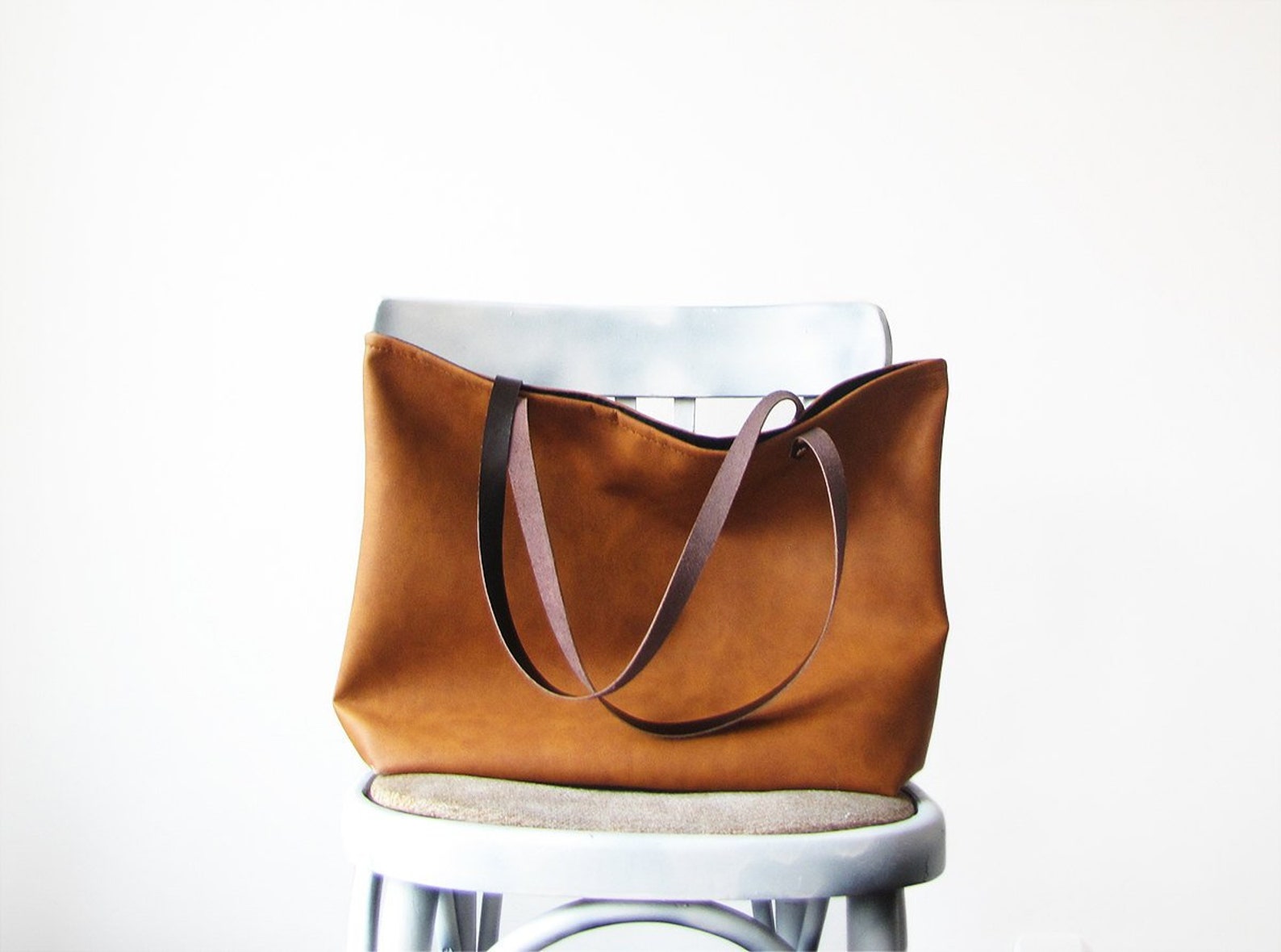 Large Vegan Leather Tote Bag Slouchy Tote Cognac Color - Etsy