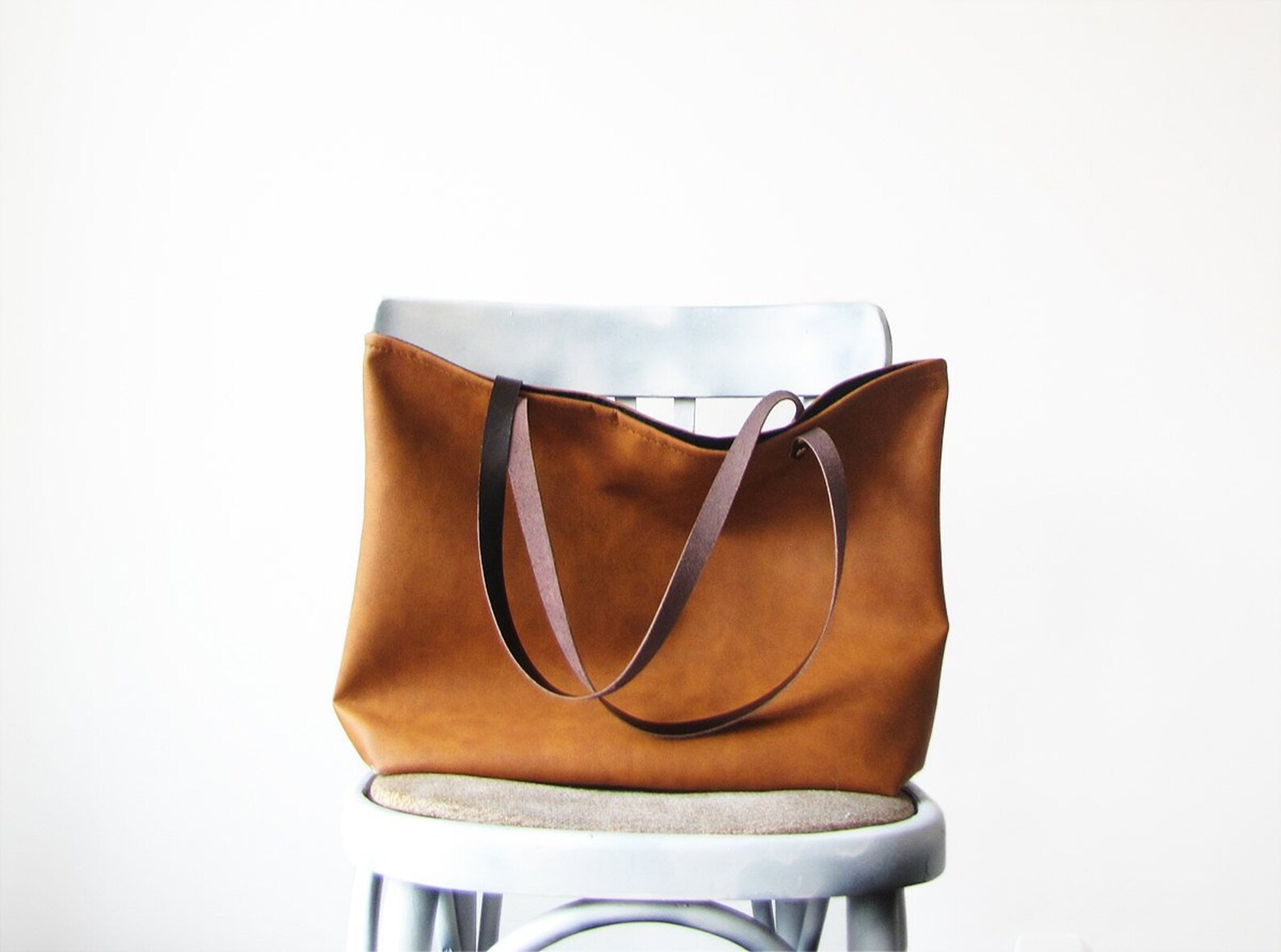 Large Vegan Leather Tote Bag Slouchy Tote Cognac Color Etsy