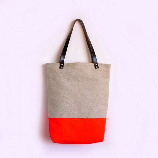Large Tote bag, Canvas, Neon Orange, Leather Handles, Large tote bag, Casual tote, Day bag, Summer Tote bag