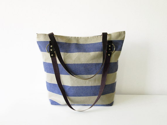 Items similar to Canvas Tote bag, Beach bag , Blue and white stripes ...